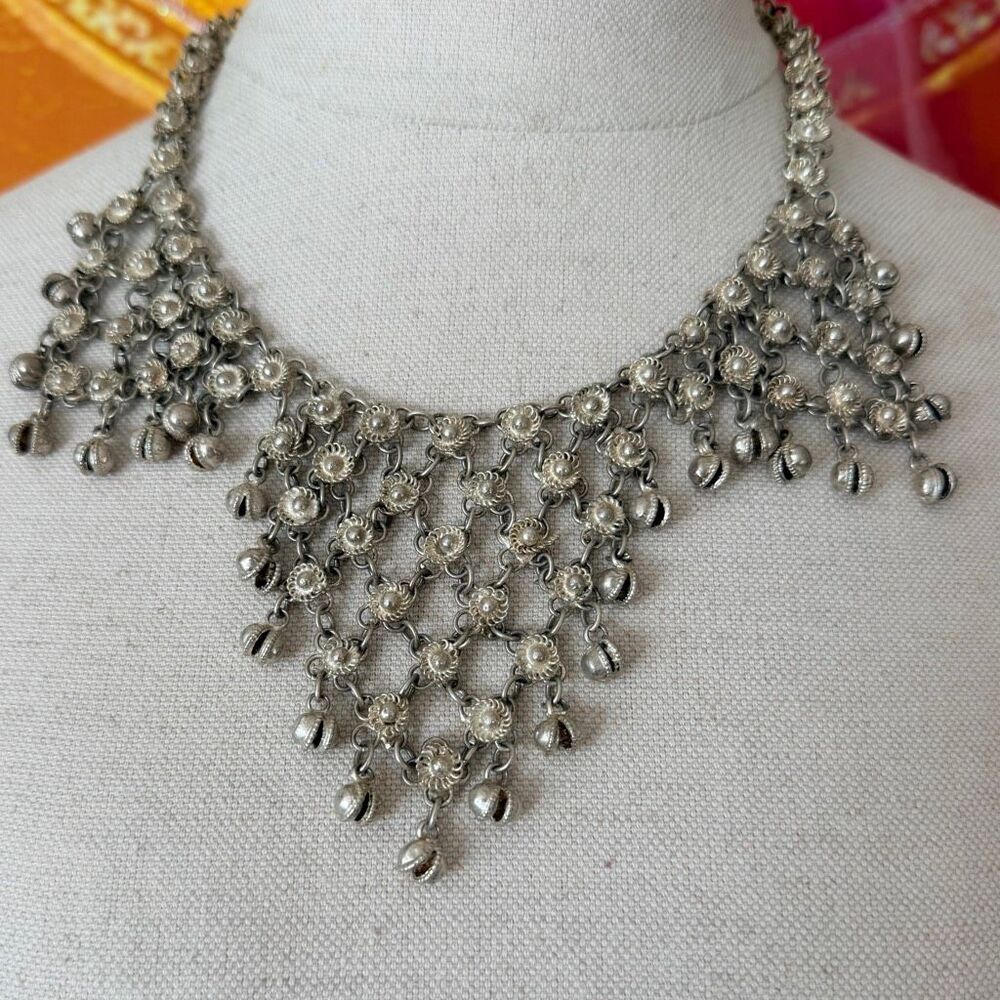 Vintage Egyptian Revival Bib Necklace Silver Tone Floral Dangle Bell Fringe Boho